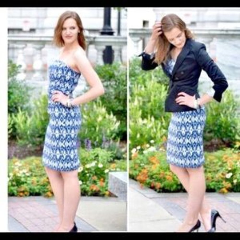 Banana Republic Preppy Ikat Print Cotton Blend Strapless Dress Women's Size 6